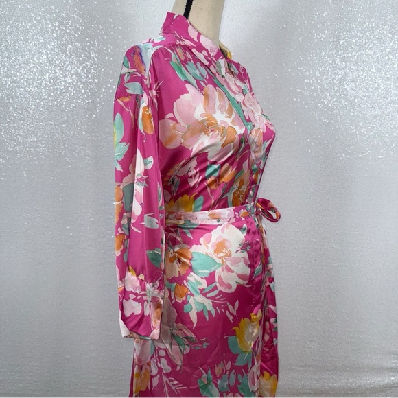 Zara Vibrant Satin Floral Women's collared button down shirt dress Large - Picture 5 of 15